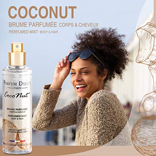 Parfum D’Elite Paris – Coconut – Bruma perfumada para cuerpo y cabello para mujer, ligera y refrescante, no mancha, 100 ml