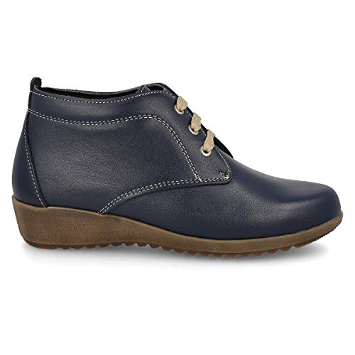 PAYMA - Botines de Piel Cómodos Flexibles de Mujer. Botin Casual de Cuña Baja. Botas de Cuero de Invierno. Cierre Cordones o Velcro. Piso de Goma. Color: Azul Marino. Talla EU 38