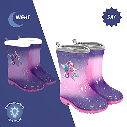 PERLETTI Botas de Agua Niñas con Unicornio - Calzado de Lluvia Niña Morado y Rosa - Botas Impermeables Infantes con Detalles Reflectantes Suela Antideslizante - Material PVC 5 Tallas (Violeta, 30)