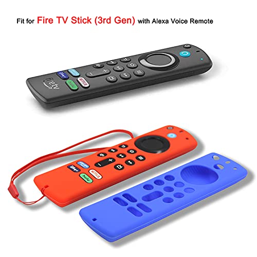 Pinowu Funda para Mando a Distancia Compatible con Stick de 3ª Gen para Firestick TV, Funda de Silicona Antideslizante con cordón para Control Remoto de Voz (3ª Gen) 2021 - (2pcs, Color Rojo y Azul)