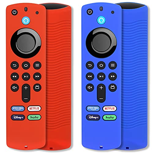 Pinowu Funda para Mando a Distancia Compatible con Stick de 3ª Gen para Firestick TV, Funda de Silicona Antideslizante con cordón para Control Remoto de Voz (3ª Gen) 2021 - (2pcs, Color Rojo y Azul)