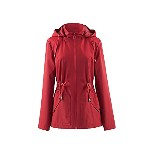 Polydeer Mujeres Chubasquero impermeable ligero Chaqueta cortavientos transpirable Poncho ajustable forrado con capucha para exteriores activo (rojo, M)