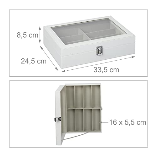 Relaxdays Caja Gafas con 8 Compartimentos, Organizador, 1 Ud., Cuero Sintético-Cristal, 8,5 x 33,5 x 24,5 cm, Blanco (10027257_49)