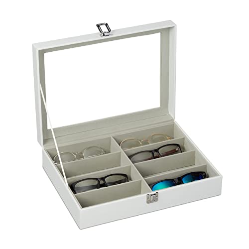 Relaxdays Caja Gafas con 8 Compartimentos, Organizador, 1 Ud., Cuero Sintético-Cristal, 8,5 x 33,5 x 24,5 cm, Blanco (10027257_49)