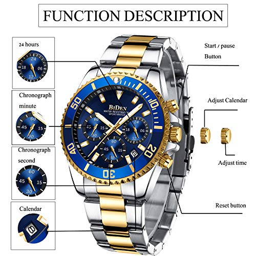 Reloj de Pulsera para Hombre con cronógrafo de Acero Inoxidable, Resistente al Agua, Fecha, analógico, de Cuarzo, para Hombre, Bule, 43 mm, Reloj de Cuarzo, cronógrafo