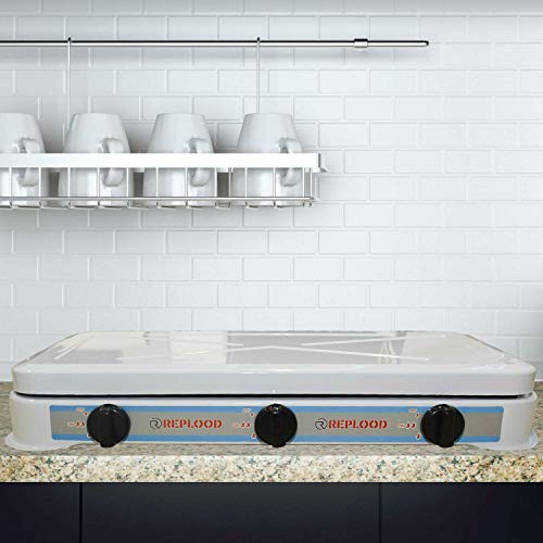 Replood - Hornillo de gas GLP con 3 fogones, color blanco, hornillo de camping, cocina portátil, 57 x 27 cm