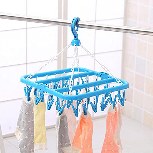 Retoo Mini tendedero plegable para colgar con 32 pinzas, para ropa interior, para ahorrar espacio, para ropa interior, calcetines, ropa de bebé, toallas, colgador de plástico, color azul