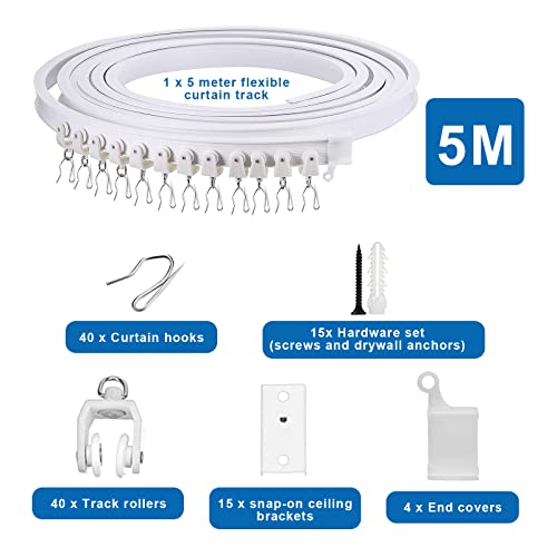 Riel de cortina de 5 metros, flexible y flexible, para techo, soporte de cortina para ventana, con guía, poleas y ganchos para cortinas, separador de espacios, cortina de caravana