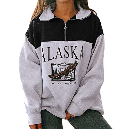 RITOSTA Sudadera Unisex Alaska Letra Estampado Águila Gráfico Suelta para Hombre y Mujer Casual Manga Larga Hip Hop Alto Solapa Cremallera Jerseys Pullover Blouse Tops (Negro, L)