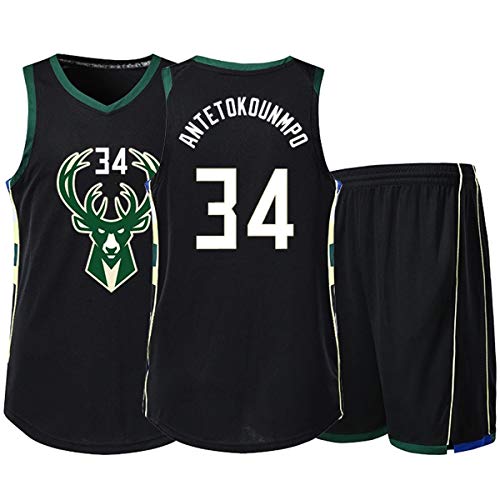 RLYJZ Bucks 34# Antetokounmpo Chaleco Deportivo Pantalones Cortos Baloncesto Jersey Conjunto De Dos Piezas,Hombre Sin Mangas Camiseta,NiñO Manga Corta,Mujer Camisa De Entrenamiento,Negro,M(155/160)