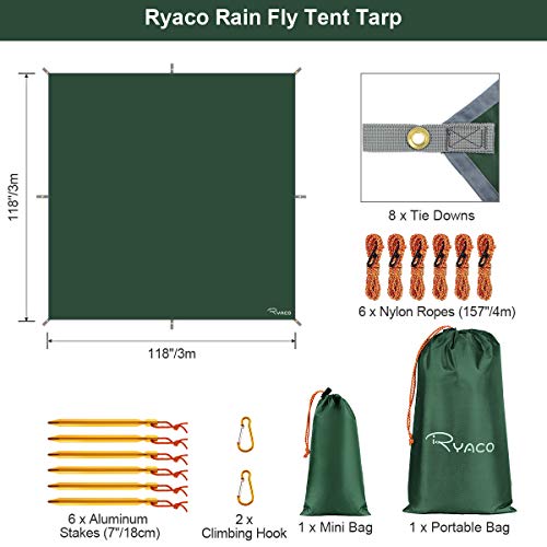 Ryaco Toldo de Refugio Impermeable 3M*3M, Hamaca Tienda de campaña, portátil, Ligera, Impermeable, Refugio para Camping, Senderismo, Mochila (Verde Oscuro de Primavera, 3m x 3m)