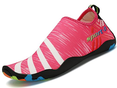 Saguaro Zapatos de Agua Zapatillas de Playa Verano Barefoot Escarpines Antideslizante Calzado de Surf para Hombre Mujer,Raya Rosa 44