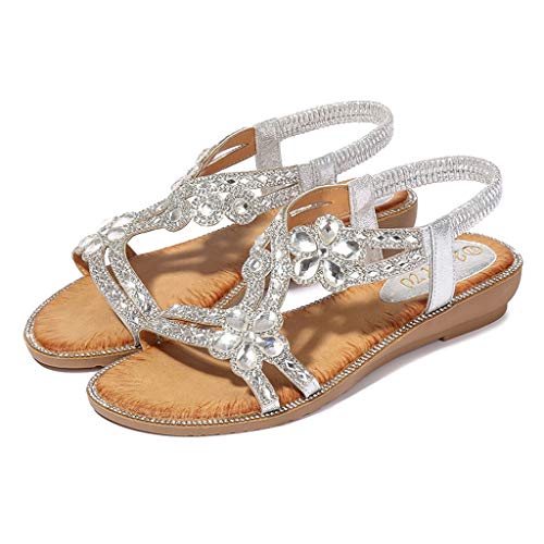 Sandalias de Mujer Veran Tamaño Grande Bohemian Flor de Strass Plano Boca de Pescado Sandalias de Playa Zapatillas y Chanclas para Mujeres Zapatos Vestir de Fiesta riou 36-42