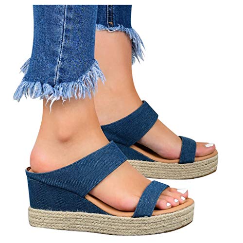 Sandalias Mujer Verano 2019 cáñamo Fondo Grueso Sandalias Punta Abierta Cuero Fondo Plano Zapatos Bohemias Romanas Hebilla Zapatillas Gris 35-43 riou