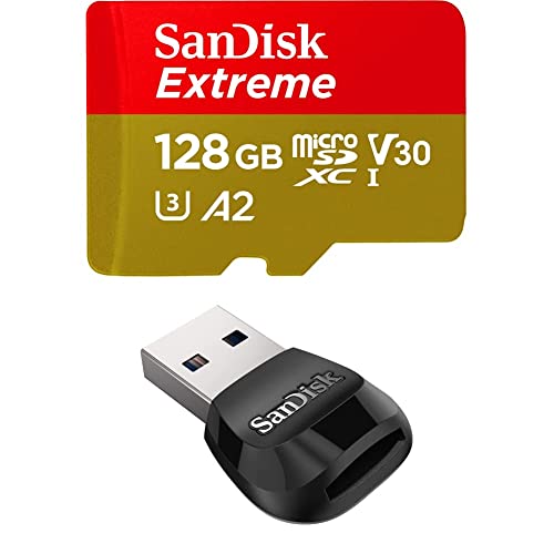 SanDisk Extreme - Tarjeta de memoria microSDXC de 128 GB con adaptador SD, A2, hasta 160 MB/s, Class 10, U3 y V30 + MobileMate Lector de tarjetas MicroSD, USB 3.0