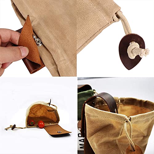 SANM Leather and Canvas Bag, con Funda de Piel y Hebilla Collapsible Waxed Canvas Foraging Pouch with Drawstring Bolsa de Cintura para Senderismo Camping, Caqui,22*22cm