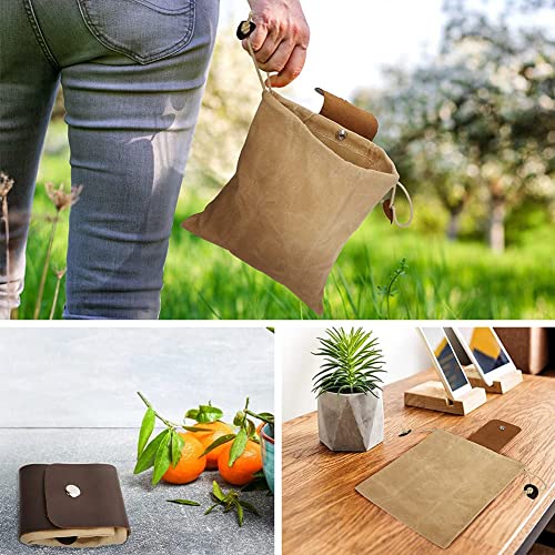 SANM Leather and Canvas Bag, con Funda de Piel y Hebilla Collapsible Waxed Canvas Foraging Pouch with Drawstring Bolsa de Cintura para Senderismo Camping, Caqui,22*22cm