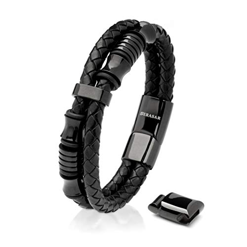 SERASAR 20cm Negro Pulsera de Cuero Hombre Chico Pulseras Hombres Brazalete Brazaletes Pulso Muñequera Muñequeras Bisuteria Bisutería Joyeria Nudos Cuerda Cuerdas Bracelet Men Jewellery Unisex Ancha