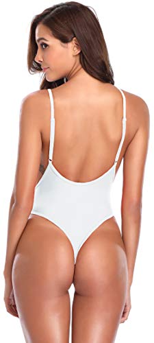 SHEKINI Mujer Traje de Baño de Una Pieza Cuello en V Moda Halter Elegante Adelgazamiento Tanga Bikini de Una Pieza Brasileño Playa de Verano (L,C-Blanco)