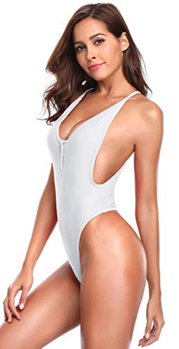 SHEKINI Mujer Traje de Baño de Una Pieza Cuello en V Moda Halter Elegante Adelgazamiento Tanga Bikini de Una Pieza Brasileño Playa de Verano (L,C-Blanco)