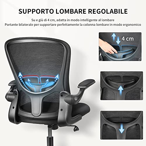 Silla Escritorio, mfavour Silla Oficina Ergonomica con Reposabrazos Plegables y Soporte Lumbar, Silla Escritorio Ergonomica de Malla Traspirable para Estudio o Trabajo, Silla Oficina Giratoria, Negro