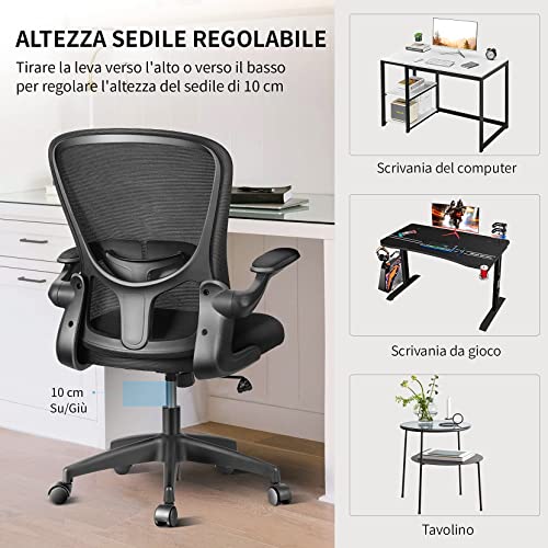 Silla Escritorio, mfavour Silla Oficina Ergonomica con Reposabrazos Plegables y Soporte Lumbar, Silla Escritorio Ergonomica de Malla Traspirable para Estudio o Trabajo, Silla Oficina Giratoria, Negro