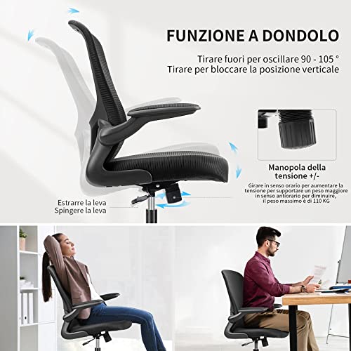 Silla Escritorio, mfavour Silla Oficina Ergonomica con Reposabrazos Plegables y Soporte Lumbar, Silla Escritorio Ergonomica de Malla Traspirable para Estudio o Trabajo, Silla Oficina Giratoria, Negro