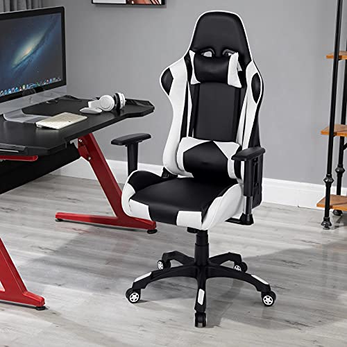 Silla Gaming, Silla de Gaming Ergonómica, Silla Escritorio con Respaldo Inclinable 160°, PU y 2D Ajustables Apoyabrazos, Silla Gamer con Reposacabezas y Soporte Lumbar, Carga Máx.125kg Blanco