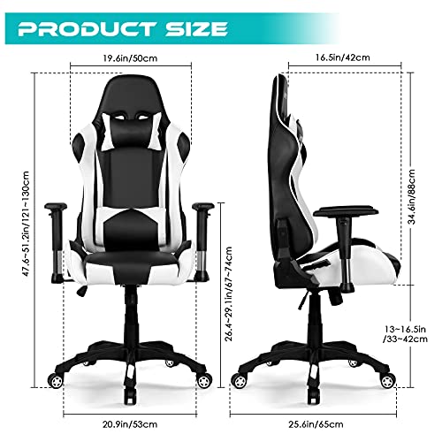 Silla Gaming, Silla de Gaming Ergonómica, Silla Escritorio con Respaldo Inclinable 160°, PU y 2D Ajustables Apoyabrazos, Silla Gamer con Reposacabezas y Soporte Lumbar, Carga Máx.125kg Blanco