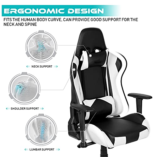 Silla Gaming, Silla de Gaming Ergonómica, Silla Escritorio con Respaldo Inclinable 160°, PU y 2D Ajustables Apoyabrazos, Silla Gamer con Reposacabezas y Soporte Lumbar, Carga Máx.125kg Blanco