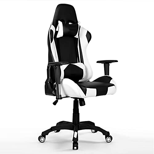 Silla Gaming, Silla de Gaming Ergonómica, Silla Escritorio con Respaldo Inclinable 160°, PU y 2D Ajustables Apoyabrazos, Silla Gamer con Reposacabezas y Soporte Lumbar, Carga Máx.125kg Blanco