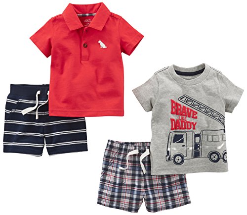 Simple Joys by Carter's - Juego de ropa de juego para niños (4 piezas) ,Red Plaid/Fire Truck/Blue Stripe ,3-6 Months