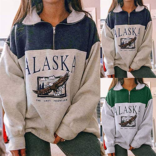 skiyy Sudadera para Mujer Alaska Letra Impresión Suelta Casual Manga Larga Hip Hop Alto Cuello Redondo Cremallera Águila Gráfico Jerseys Pullover Blouse Tops 2021 (Azul, L)