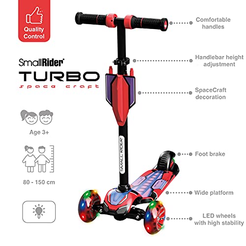 Small Rider Turbo Spacecraft Patinete de 3 Ruedas Anchas con luz LED, Plegable, Ajustable en Altura, Carga máxima 70 kg, Niños y niñas 3 a 8 años (Rojo)