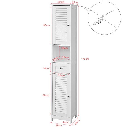 SoBuy Armario para baño Alto Mueble Columna de baño estanterías de baño-2 Puertas y 1 cajón FRG236-W,ES (White)