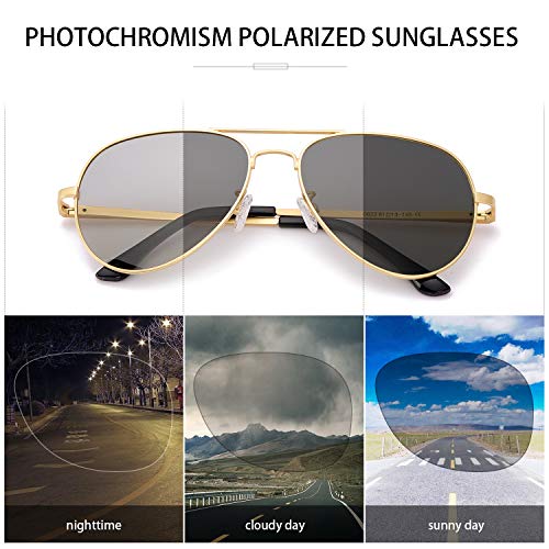 SODQW gafas de sol fotocromaticas polarizadas hombre 100% UVA/UVB Protección (Dorado Gafas polarizadas fotocromáticas)