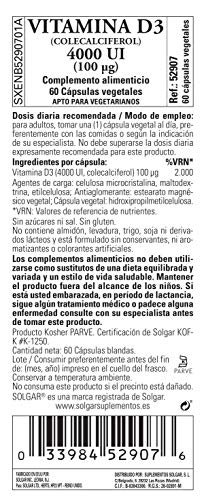 Solgar Vitamina D3 4000 UI (100 μg), Huesos y Sistema Inmune, 60 Cápsulas vegetales