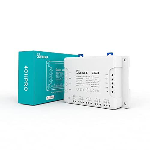 SONOFF Interruptor de garagem e interruptor inteligente Wi-Fi de 4 Gang, 4CH PRO R3, 3 modos de funcionamento, Wi-Fi ou controlo remoto de RF de 433 MHz, AC/DC, Supports Alexa, Google Home, IFTTT