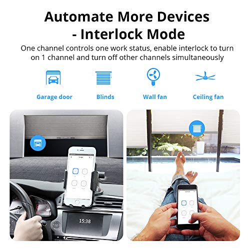 SONOFF Interruptor de garagem e interruptor inteligente Wi-Fi de 4 Gang, 4CH PRO R3, 3 modos de funcionamento, Wi-Fi ou controlo remoto de RF de 433 MHz, AC/DC, Supports Alexa, Google Home, IFTTT