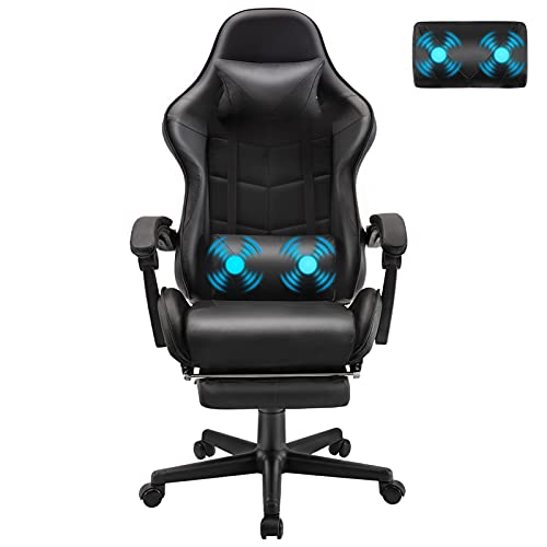 Soontrans Silla Gaming Masaje, Silla Gaming con Reposapiés Reposacabeza, Ergonómica, Cojín Lumbar de Masaje, Silla Gamer para Gaming Livesteam Youtube Playstation (Negro)