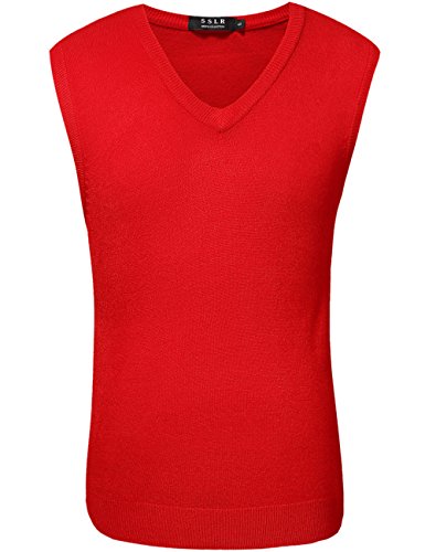 SSLR Chaleco Jersey de Punto con Cuello en V Cómodo para Invierno para Hombre (Small, Rojo)