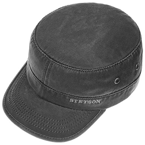 Stetson Datto Armycap Hombre - Algodón Impermeable - Invierno/Verano - Gorra Militar con protección Solar UV 40+ - Gorra Urbana - Imitación de Cuero Desgastado (Oilskin) - Army Cap Negro L (58-59 cm)