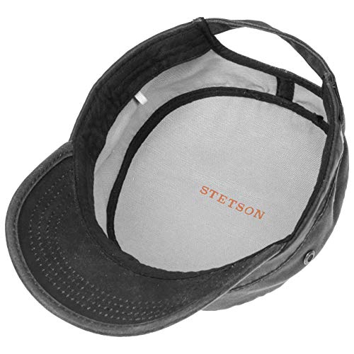 Stetson Datto Armycap Hombre - Algodón Impermeable - Invierno/Verano - Gorra Militar con protección Solar UV 40+ - Gorra Urbana - Imitación de Cuero Desgastado (Oilskin) - Army Cap Negro L (58-59 cm)