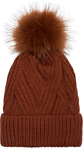 styleBREAKER Gorro de Mujer de Punto con pompón con Motivo de Punto Acanalado Diagonal y Forro Polar, Gorro de Invierno con pompón de Pelo, Pelo Artificial 04024167, Color:Coñac