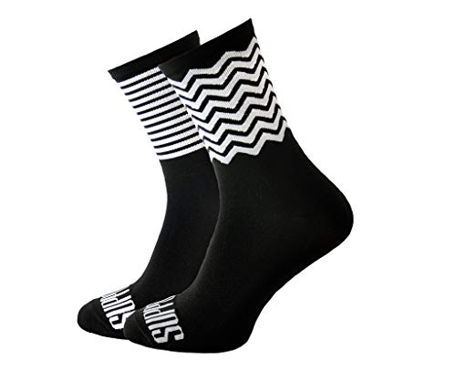 SUPPORT Calcetines de ciclismo para hombre, unisex, divertidos patrones de ciclista, Zig Zag Black, Talla 42-44