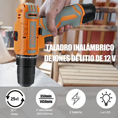 Taladro Atornillador 12V con 2 Baterías, Atornillador Eléctrico 2 Velocidades, Destornillador Inalámbrico con 25+1 Ajustes de Par, Taladro Batería, 24 Piezas de Accesorios Adecuado para Bricolaje, etc