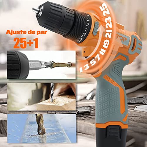 Taladro Atornillador 12V con 2 Baterías, Atornillador Eléctrico 2 Velocidades, Destornillador Inalámbrico con 25+1 Ajustes de Par, Taladro Batería, 24 Piezas de Accesorios Adecuado para Bricolaje, etc