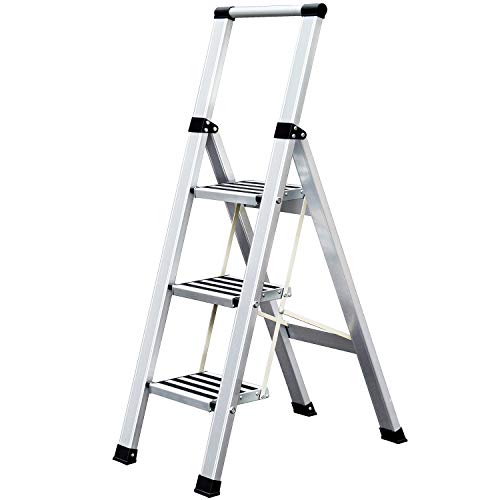 Tatkraft Adamant Escalera Plegable Hecha de Aluminio, 3 Escalones Antideslizantes, Soporta hasta 150 kg, Certificación SGS de Calidad y Seguridad