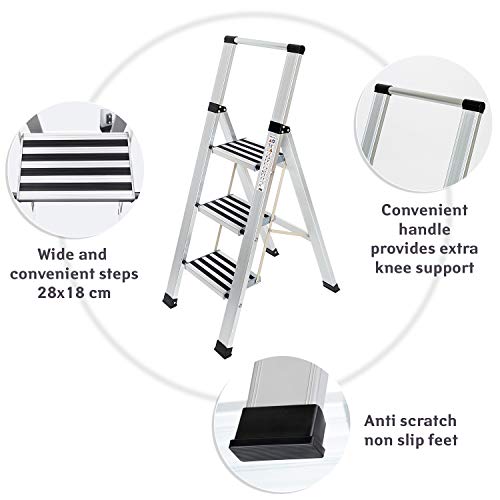 Tatkraft Adamant Escalera Plegable Hecha de Aluminio, 3 Escalones Antideslizantes, Soporta hasta 150 kg, Certificación SGS de Calidad y Seguridad