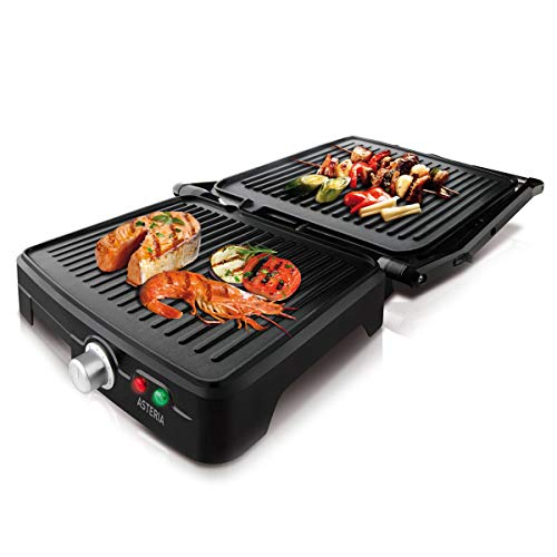 Taurus Asteria - Grill y plancha de asar, 2200W de potencia, placas de 28 x 22 cm, parrilla eléctrica con regulador de temperatura, apertura 180º, asa de toque frío, antiadherente libre de PFOA